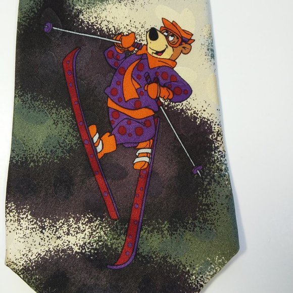 Vintage Cartoon Network Silk Tie Fred Flintstone, Yogi Skiing Jetsons 90's RARE - Picture 1 of 8